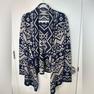 Anthropologie THML Wrap Bohemian Aztec Top Open Cardigan blue tan sz L sweater